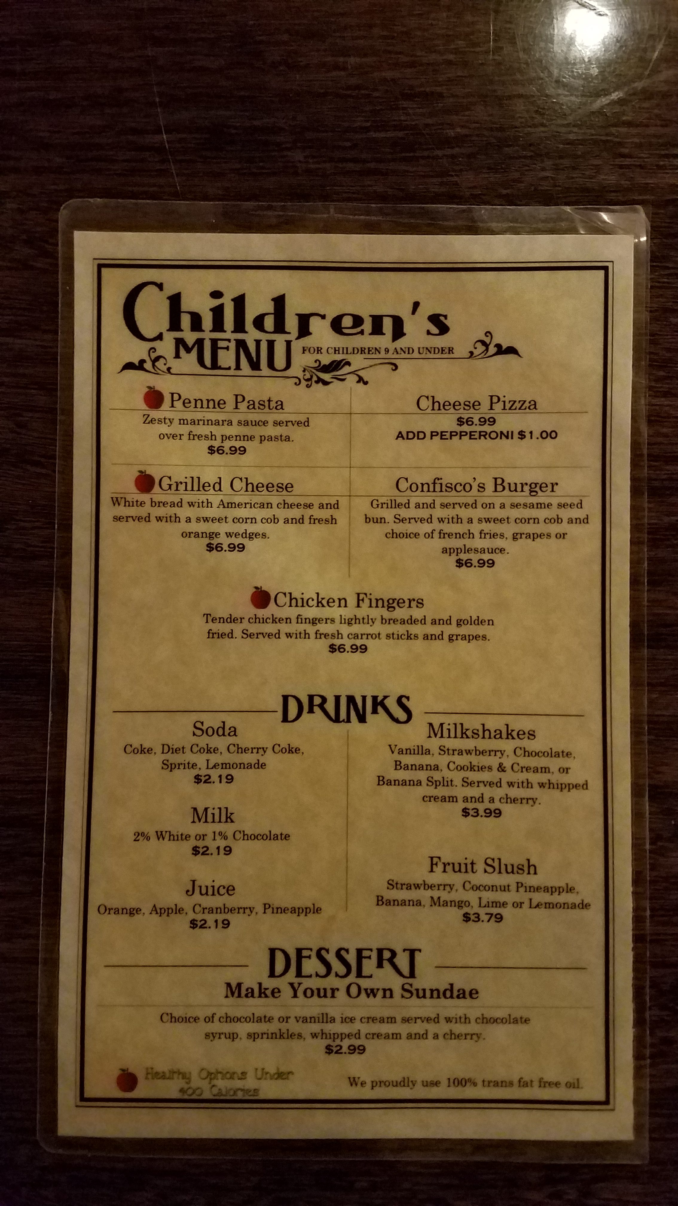 Children's menu at Confisco Grille - Dining Review - Islands of Adventure - Universal Orlando Resort - unofficialuniversal.com.
