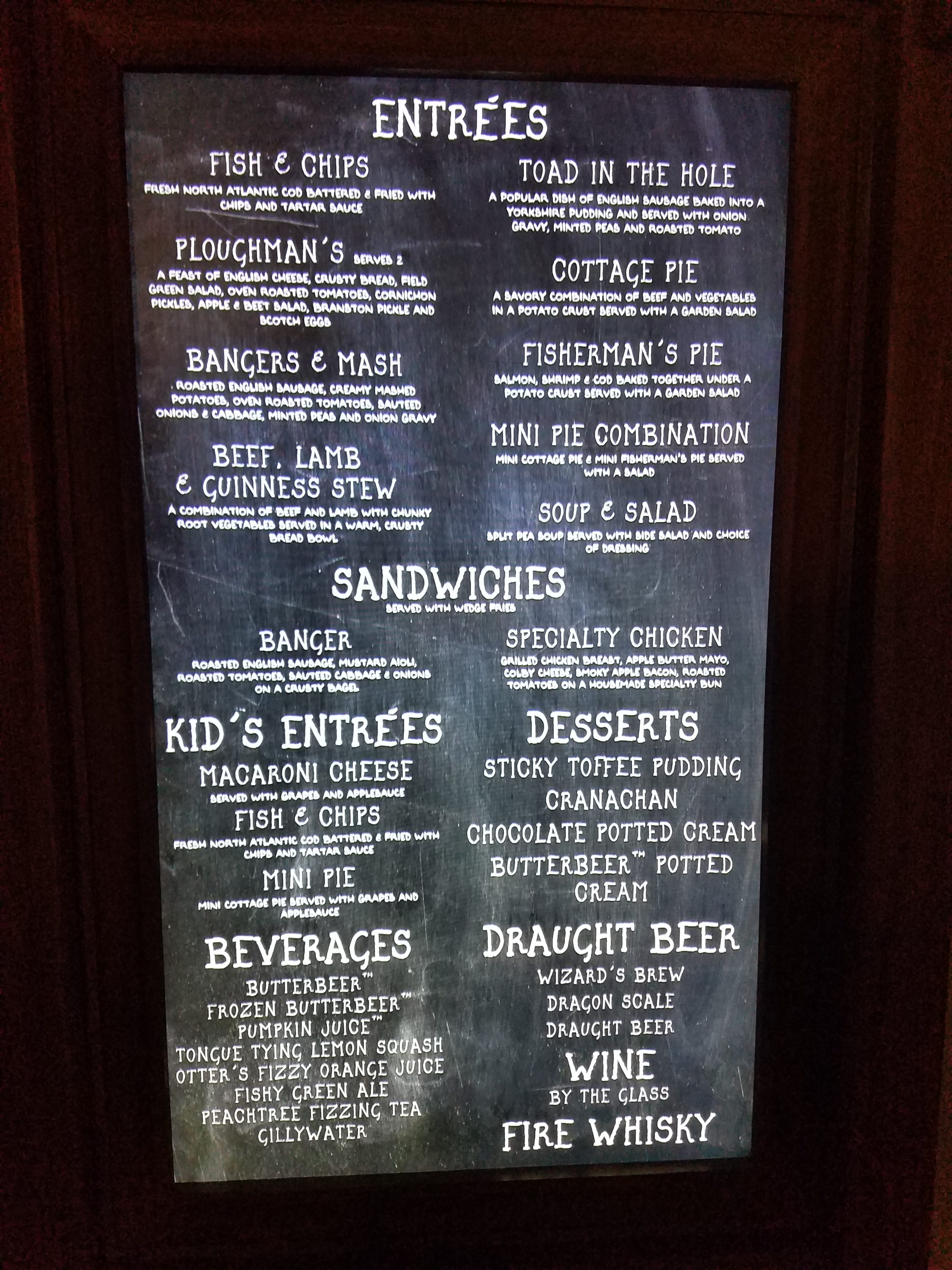 Leaky Cauldron menu at Universal Studios Orlando - - by unofficialuniversal.com.