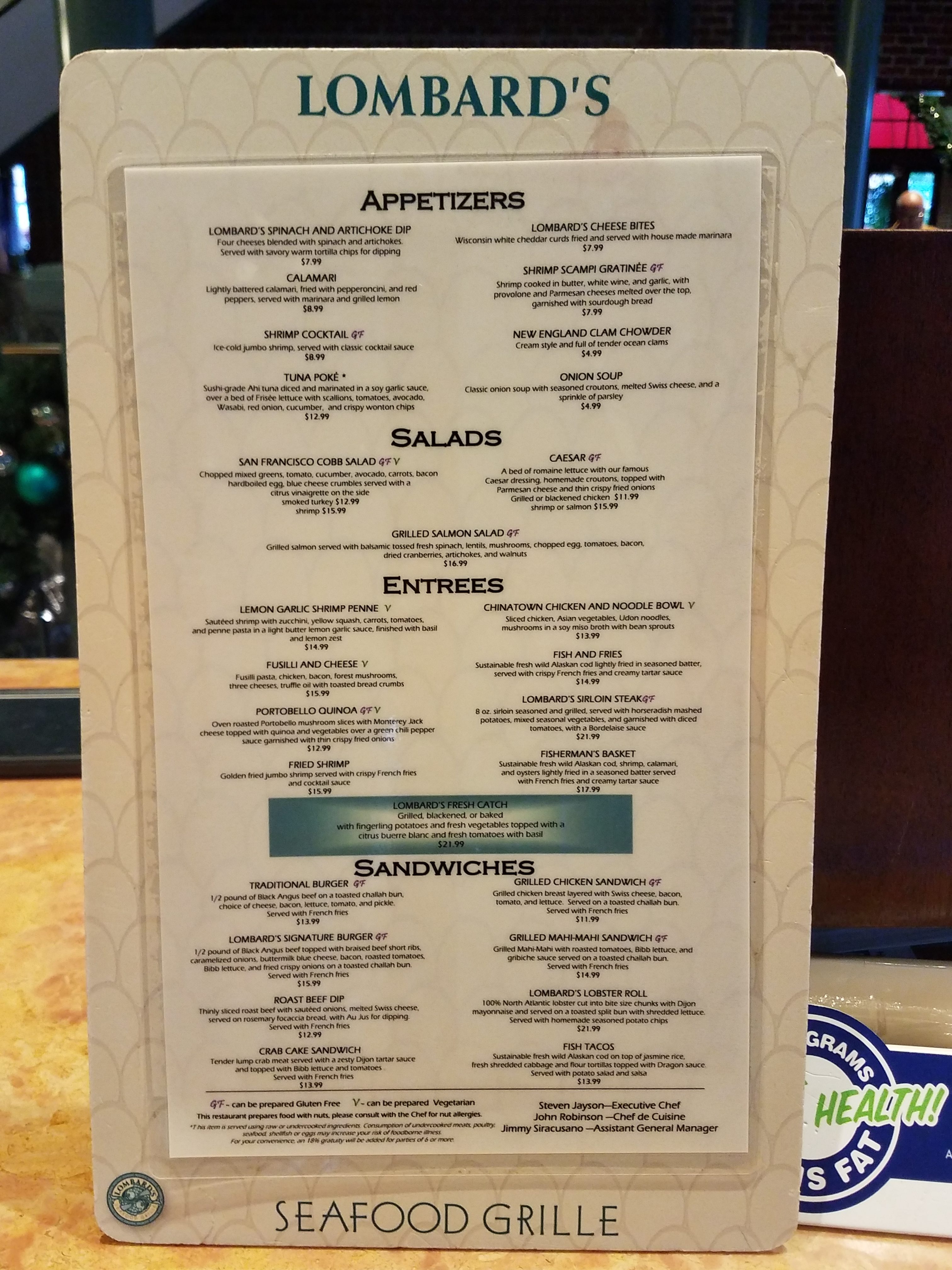 Menu at Lombard's Seafood Grille in Universal Studios Orlando by unofficialuniversal.com