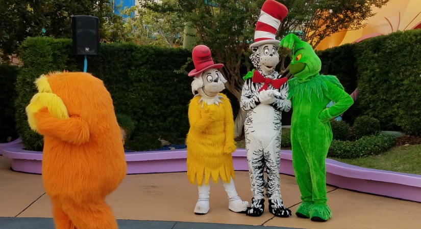 The Lorax, Sam-I-Am, Cat in the Hat, and the Grinch at Islands of Adventure in Orlando, Florida - by unofficialuniversal.com.