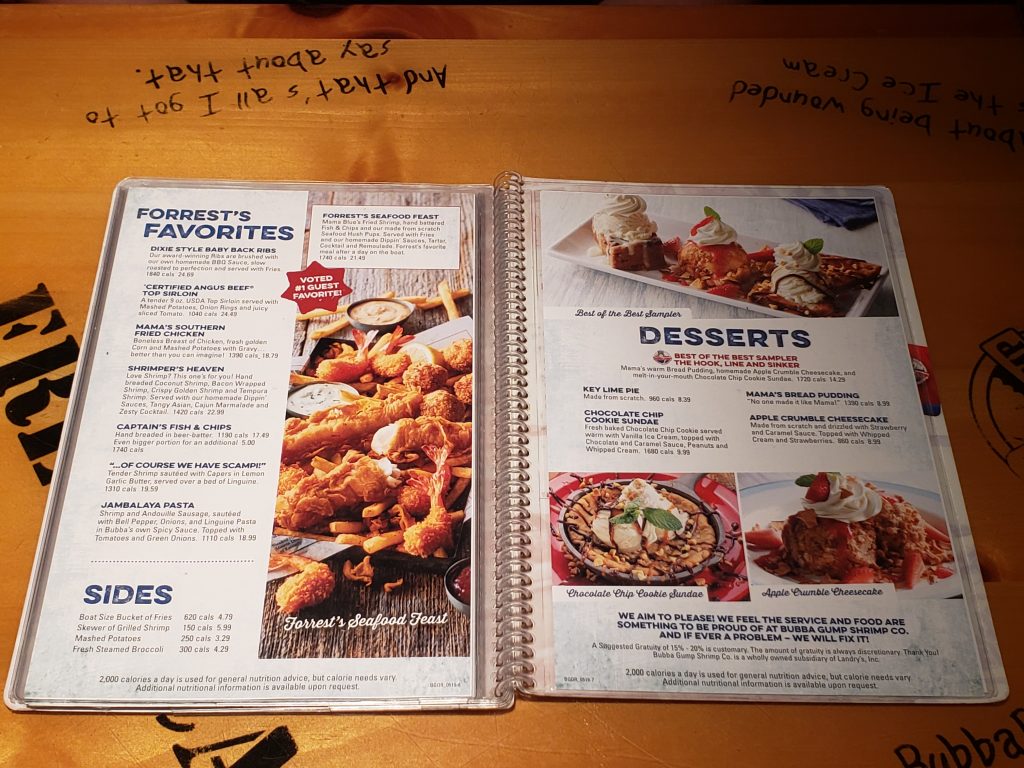 Menu (Forrest's favorites, sides, and desserts) at Bubba Gump Shrimp Co. at Universal's CityWalk - by unofficialuniversal.com.