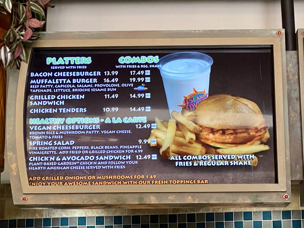 Menu at The Burger Digs restaurant at Universal's Islands of Adventure - by unofficialuniversal.com.