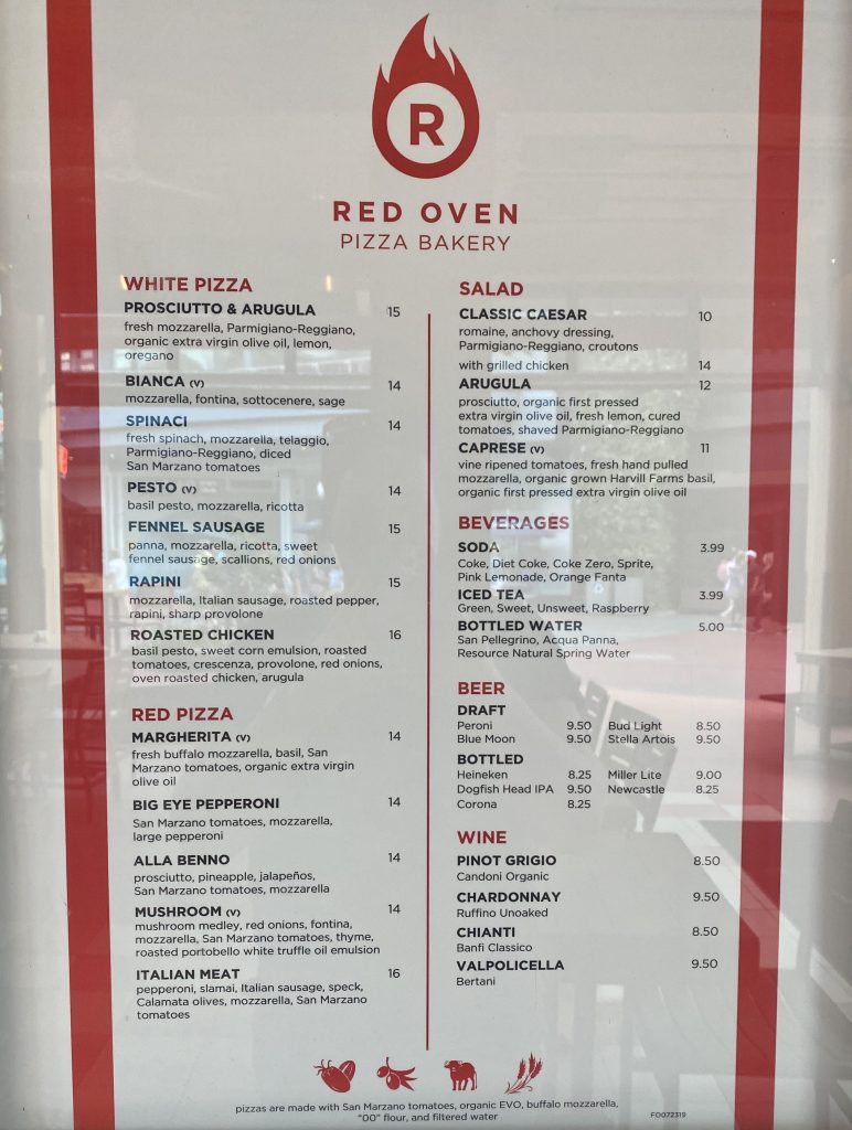 Menu at Red Oven Pizza Bakery - Universal CityWalk in Orlando, Florida - by unofficialuniversal.com.