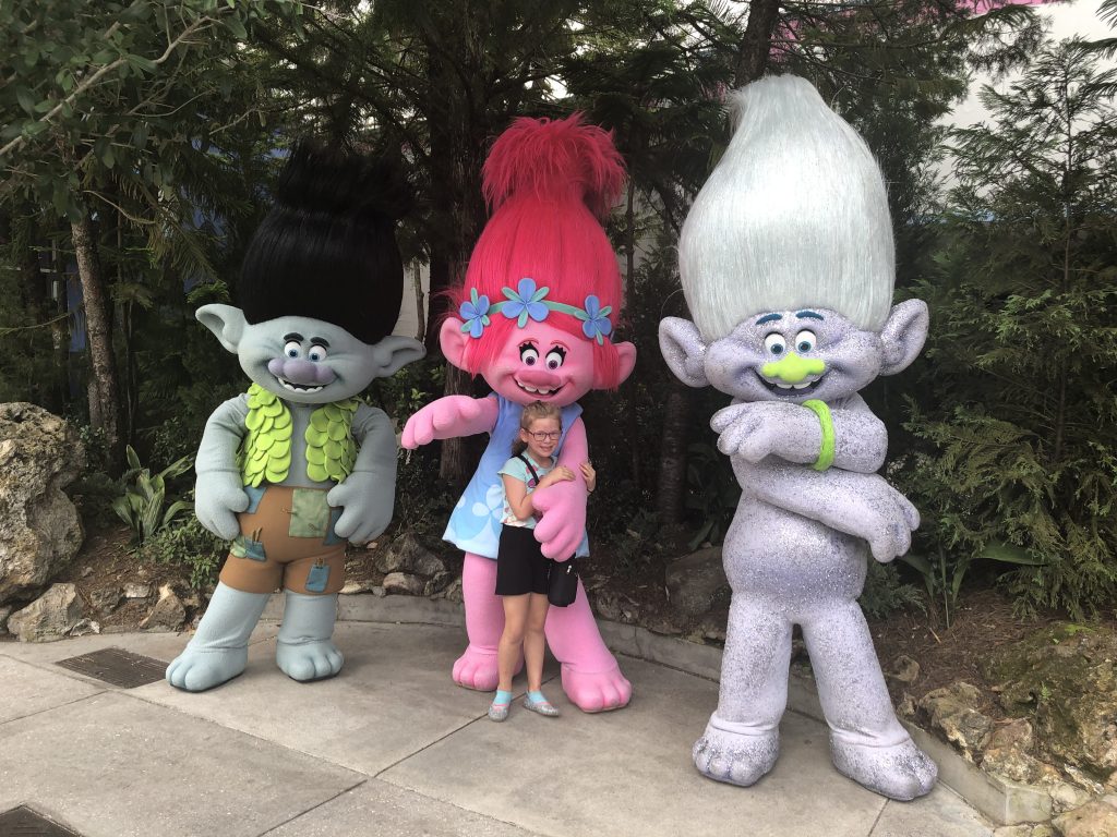 Branch, Poppy, and Guy Diamond (glitter farting troll!) at Universal Studios in Orlando, Florida - by unofficialuniversal.com.
