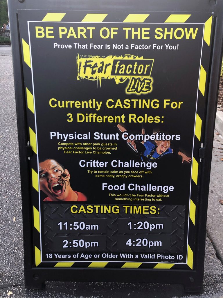 Casting information at Fear Factor Live in Universal Studios Orlando - by unofficialuniversal.com.