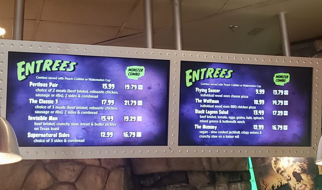 Entree menu at Universal Studios' Classic Monster's Cafe in Orlando, Florida - by unofficialuniversal.com.
