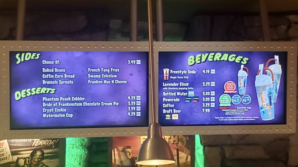 Sides, desserts, and beverage menu at Universal Studios' Classic Monster's Cafe in Orlando, Florida - by unofficialuniversal.com.