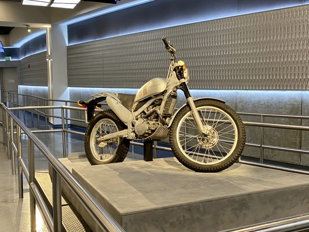 Motorcycle prop inside The Bourne Stuntacular at Universal Studios Florida - by unofficialuniversal.com.
